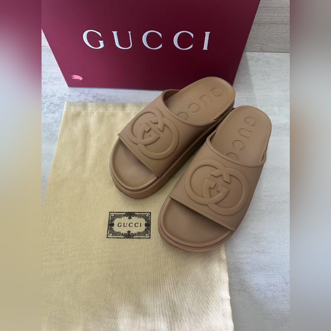 Gucci Tan Embossed Gg Sandals Size 38